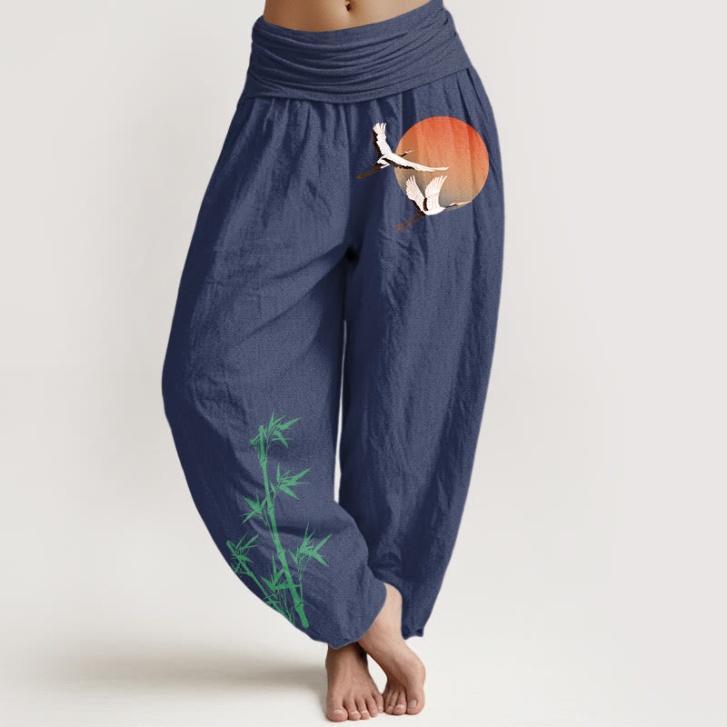 Nimara Ritual Pure Cotton Elegant Sun Crane Bamboo Pattern Women's Elastic Waist Harem Pants