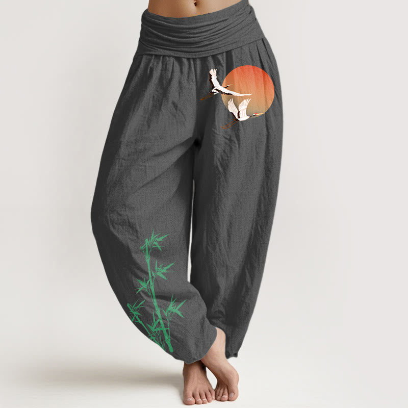 Nimara Ritual Pure Cotton Elegant Sun Crane Bamboo Pattern Women's Elastic Waist Harem Pants