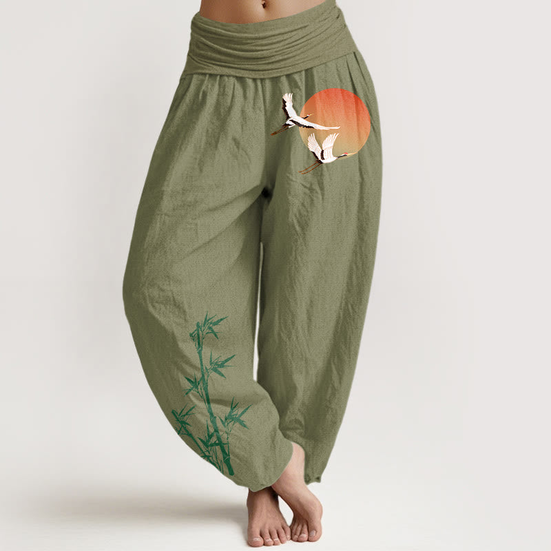 Nimara Ritual Pure Cotton Elegant Sun Crane Bamboo Pattern Women's Elastic Waist Harem Pants