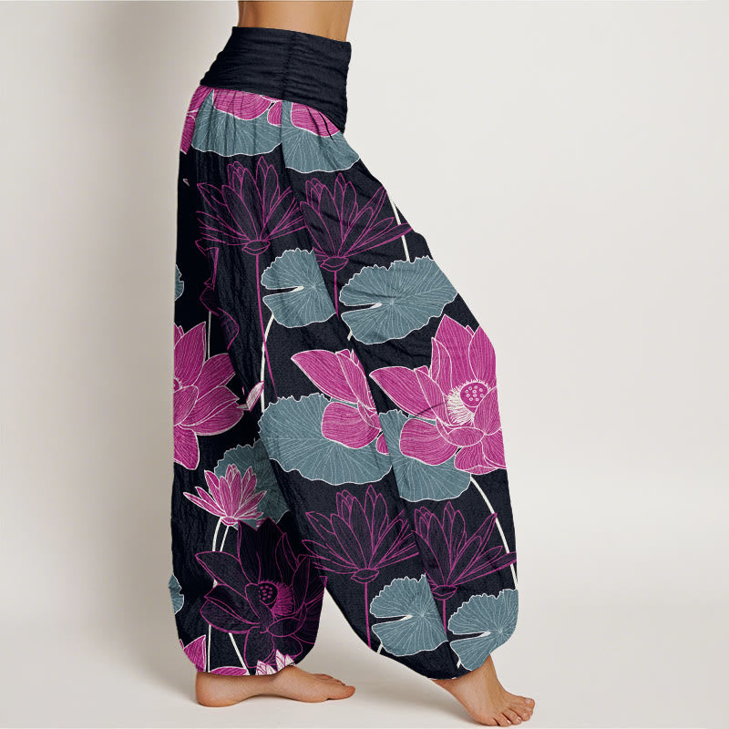 Nimara Ritual Pure Cotton Retro Lotus Flowers Leaves Pattern Women's Elastic Waist Harem Pants