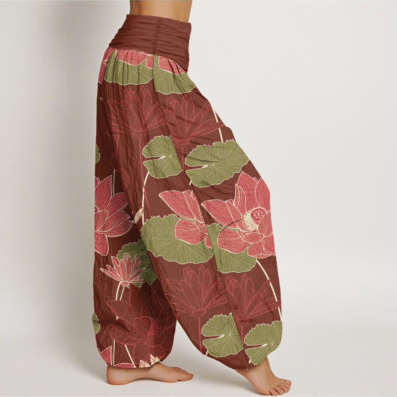 Nimara Ritual Pure Cotton Retro Lotus Flowers Leaves Pattern Women's Elastic Waist Harem Pants