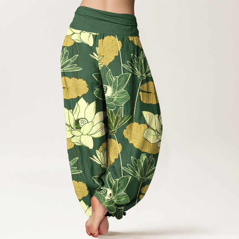 Nimara Ritual Pure Cotton Retro Lotus Flowers Leaves Pattern Women's Elastic Waist Harem Pants