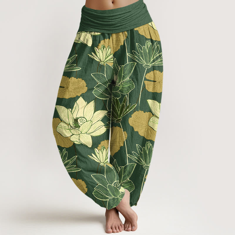 Nimara Ritual Pure Cotton Retro Lotus Flowers Leaves Pattern Women's Elastic Waist Harem Pants