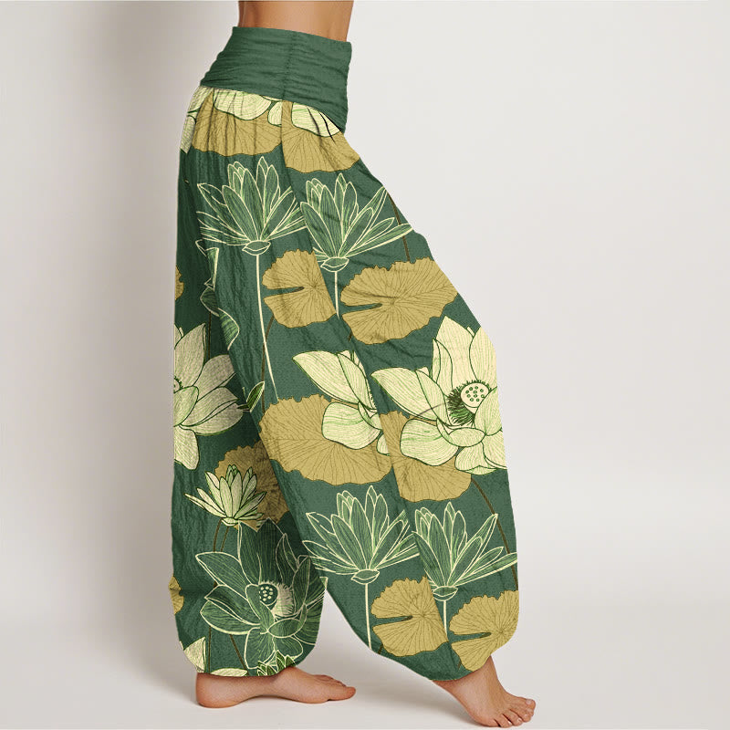 Nimara Ritual Pure Cotton Retro Lotus Flowers Leaves Pattern Women's Elastic Waist Harem Pants