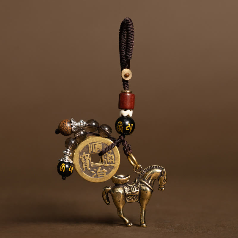 Nimara Ritual Year Of The Horse Copper Brass Five-Emperor Coins Om Mani Padme Hum Protection Key Chain