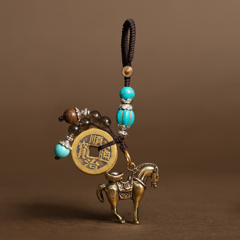 Nimara Ritual Year Of The Horse Copper Brass Five-Emperor Coins Om Mani Padme Hum Protection Key Chain