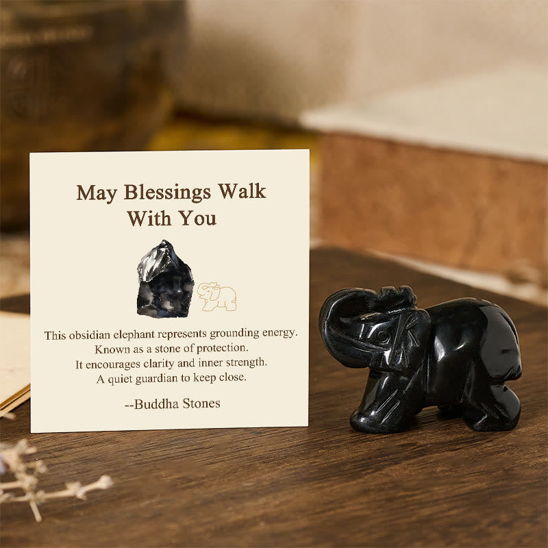 Nimara Ritual ''May Blessings Walk With You'' Natural Small Elephant Amazonite Amethyst Jade Black Obsidian Stone Decoration Includes Gift Message Card