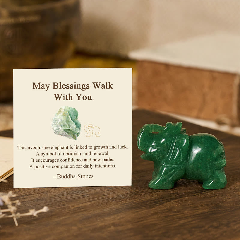 Nimara Ritual ''May Blessings Walk With You'' Natural Small Elephant Amazonite Amethyst Jade Black Obsidian Stone Decoration Includes Gift Message Card