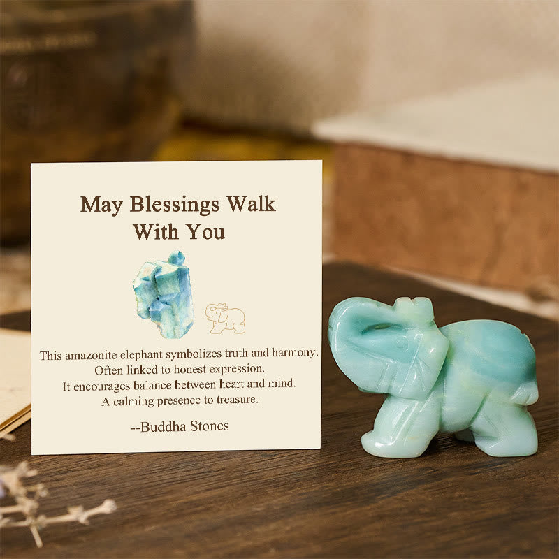Nimara Ritual ''May Blessings Walk With You'' Natural Small Elephant Amazonite Amethyst Jade Black Obsidian Stone Decoration Includes Gift Message Card