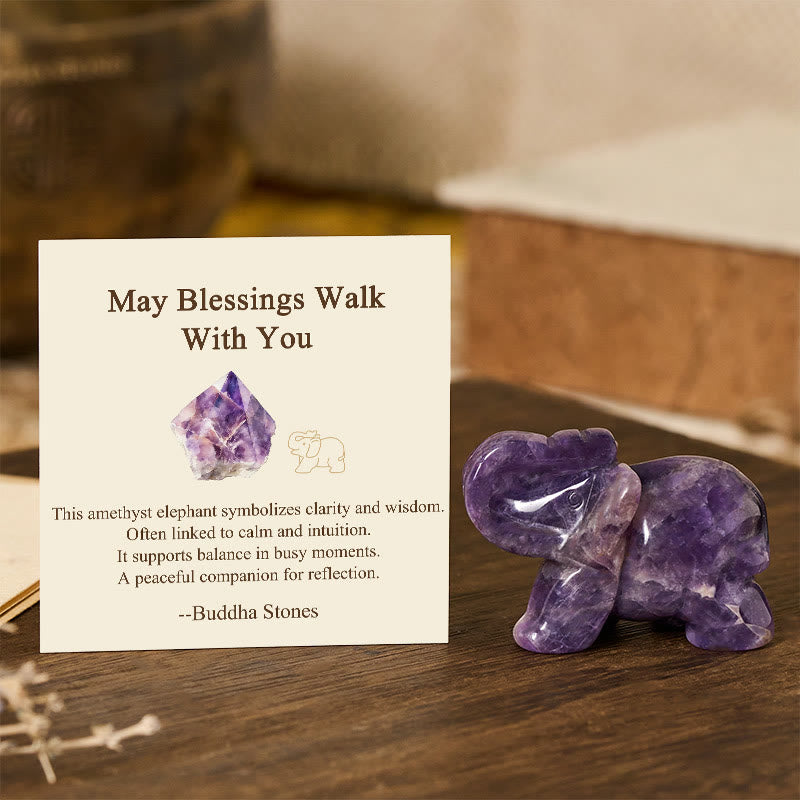 Nimara Ritual ''May Blessings Walk With You'' Natural Small Elephant Amazonite Amethyst Jade Black Obsidian Stone Decoration Includes Gift Message Card