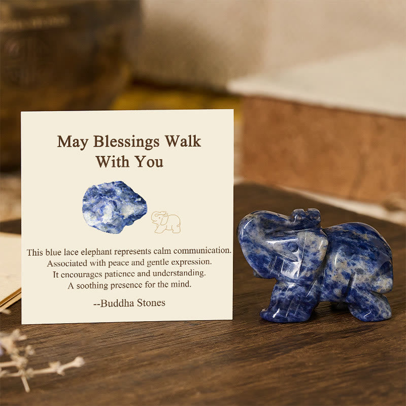 Nimara Ritual ''May Blessings Walk With You'' Natural Small Elephant Amazonite Amethyst Jade Black Obsidian Stone Decoration Includes Gift Message Card