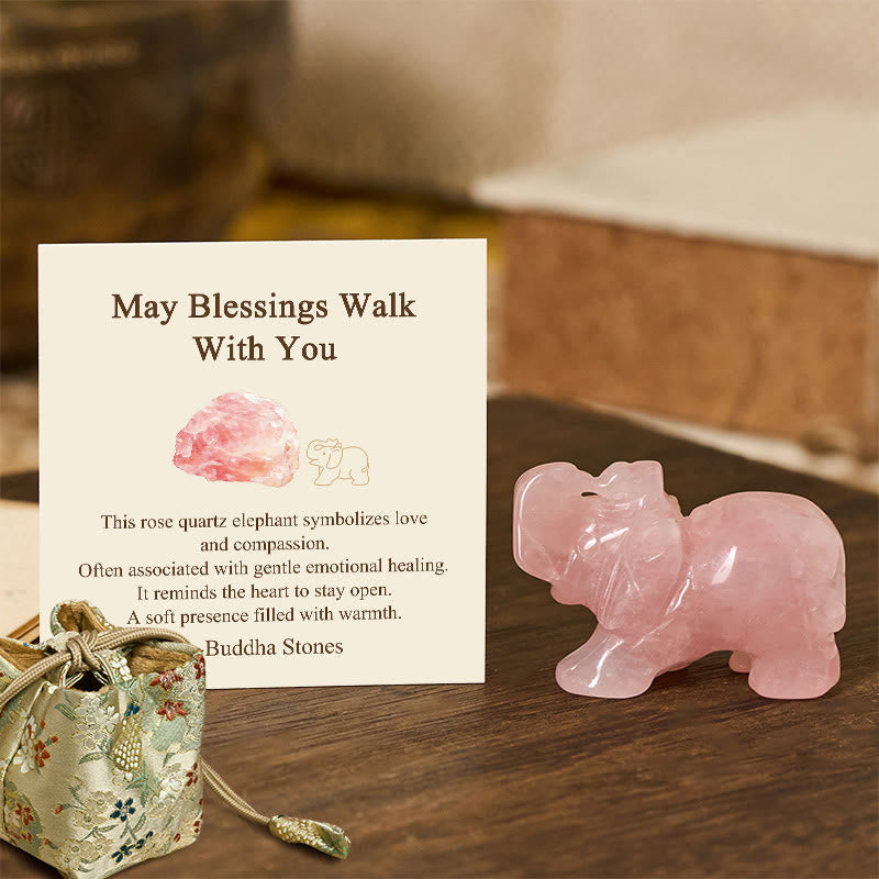 Nimara Ritual ''May Blessings Walk With You'' Natural Small Elephant Amazonite Amethyst Jade Black Obsidian Stone Decoration Includes Gift Message Card