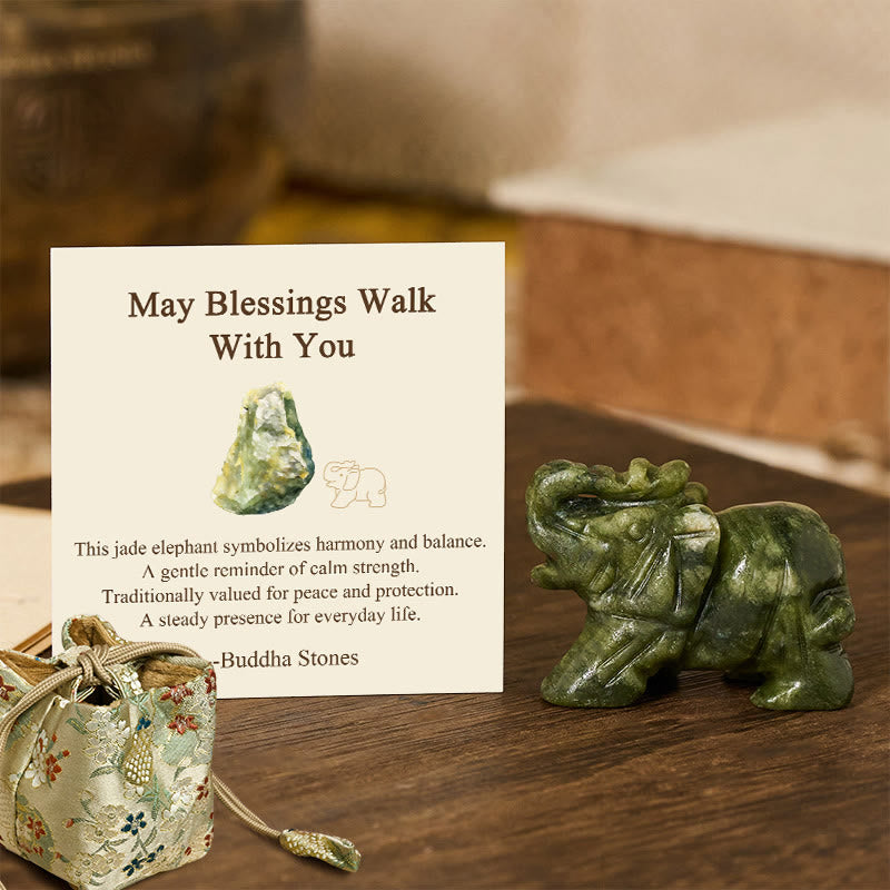 Nimara Ritual ''May Blessings Walk With You'' Natural Small Elephant Amazonite Amethyst Jade Black Obsidian Stone Decoration Includes Gift Message Card