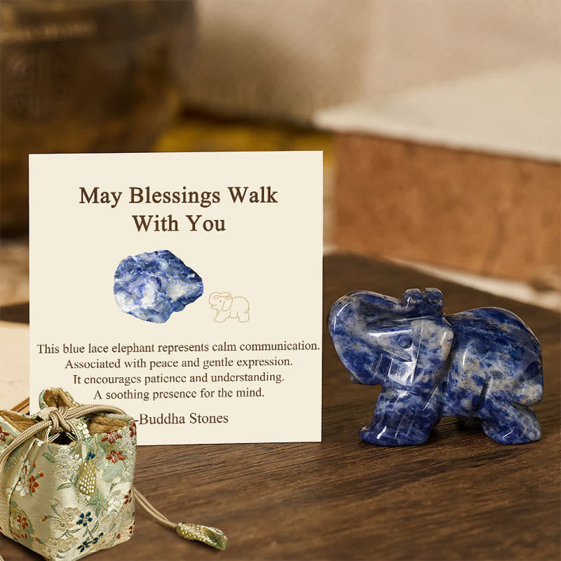 Nimara Ritual ''May Blessings Walk With You'' Natural Small Elephant Amazonite Amethyst Jade Black Obsidian Stone Decoration Includes Gift Message Card