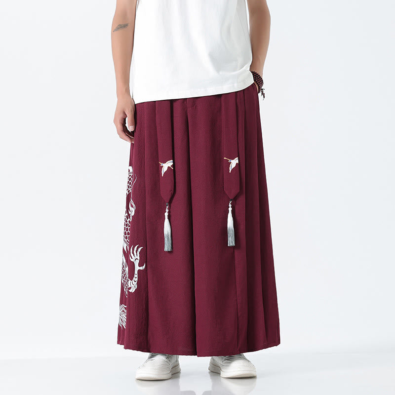 Nimara Ritual Summer Dragon Drawstring Design Cotton Ankle-Length Men's Wide Leg Pants With Pockets
