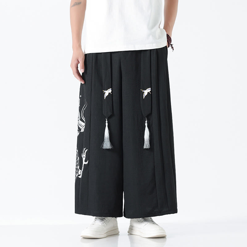 Nimara Ritual Summer Dragon Drawstring Design Cotton Ankle-Length Men's Wide Leg Pants With Pockets