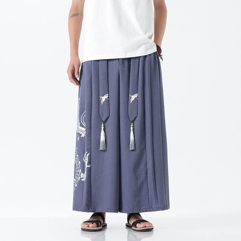 Nimara Ritual Summer Dragon Drawstring Design Cotton Ankle-Length Men's Wide Leg Pants With Pockets