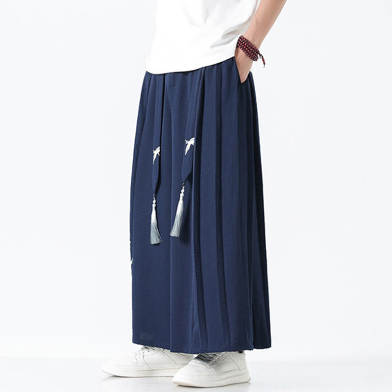 Nimara Ritual Summer Dragon Drawstring Design Cotton Ankle-Length Men's Wide Leg Pants With Pockets