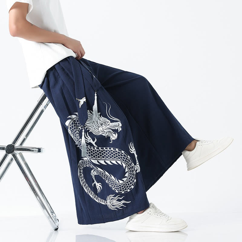 Nimara Ritual Summer Dragon Drawstring Design Cotton Ankle-Length Men's Wide Leg Pants With Pockets