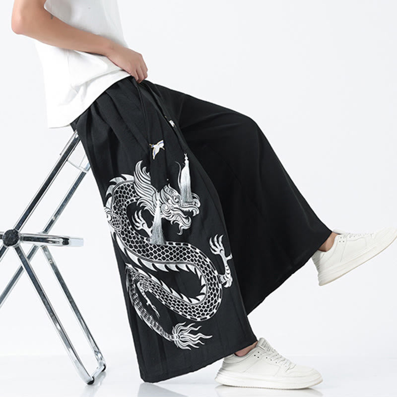 Nimara Ritual Summer Dragon Drawstring Design Cotton Ankle-Length Men's Wide Leg Pants With Pockets
