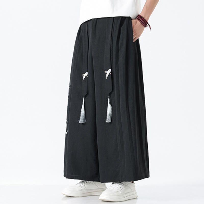Nimara Ritual Summer Dragon Drawstring Design Cotton Ankle-Length Men's Wide Leg Pants With Pockets