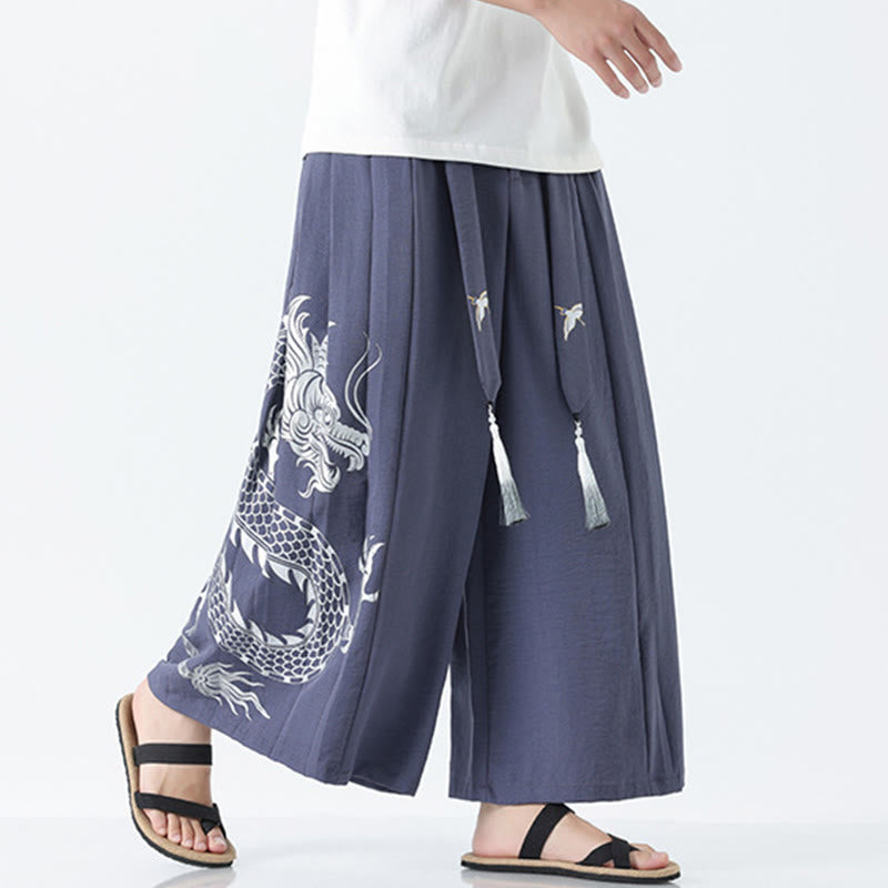 Nimara Ritual Summer Dragon Drawstring Design Cotton Ankle-Length Men's Wide Leg Pants With Pockets