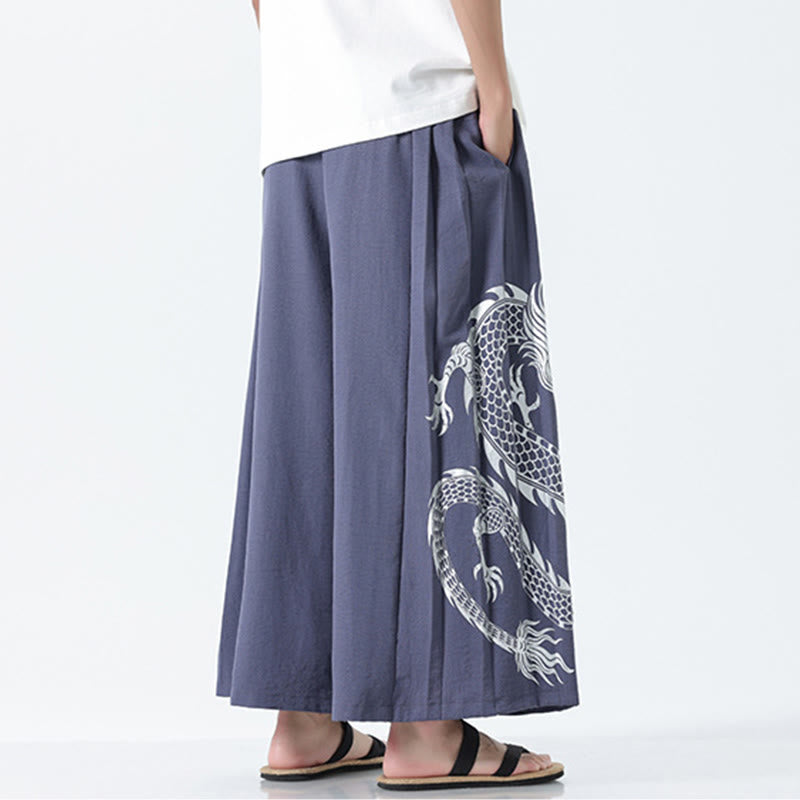 Nimara Ritual Summer Dragon Drawstring Design Cotton Ankle-Length Men's Wide Leg Pants With Pockets