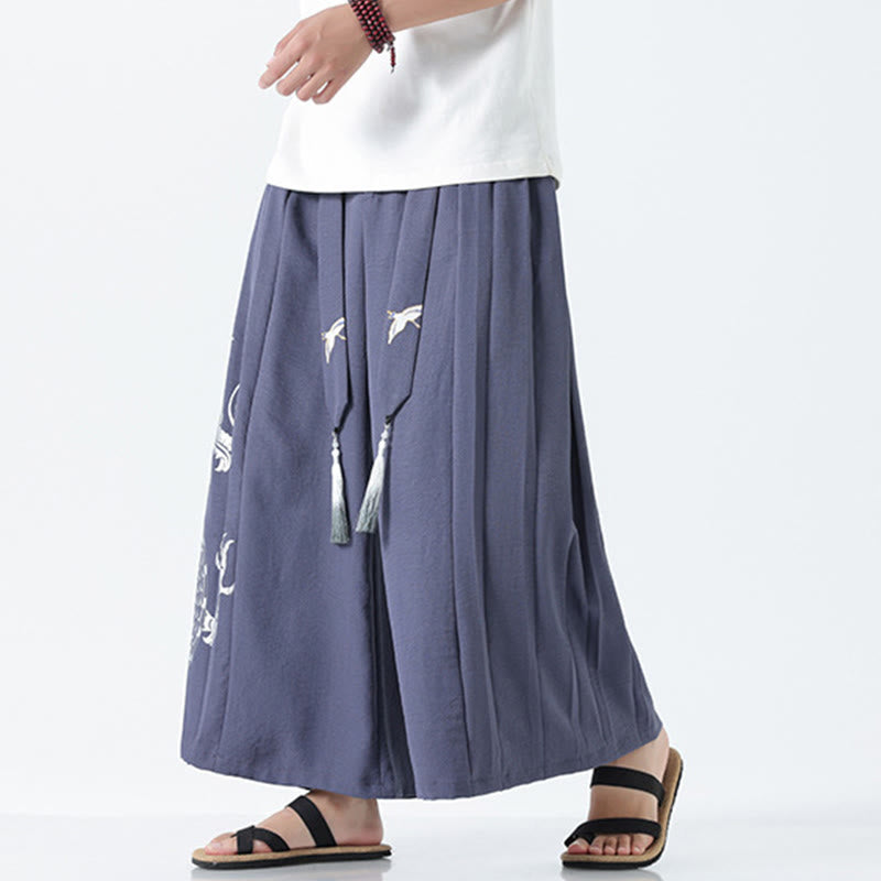 Nimara Ritual Summer Dragon Drawstring Design Cotton Ankle-Length Men's Wide Leg Pants With Pockets
