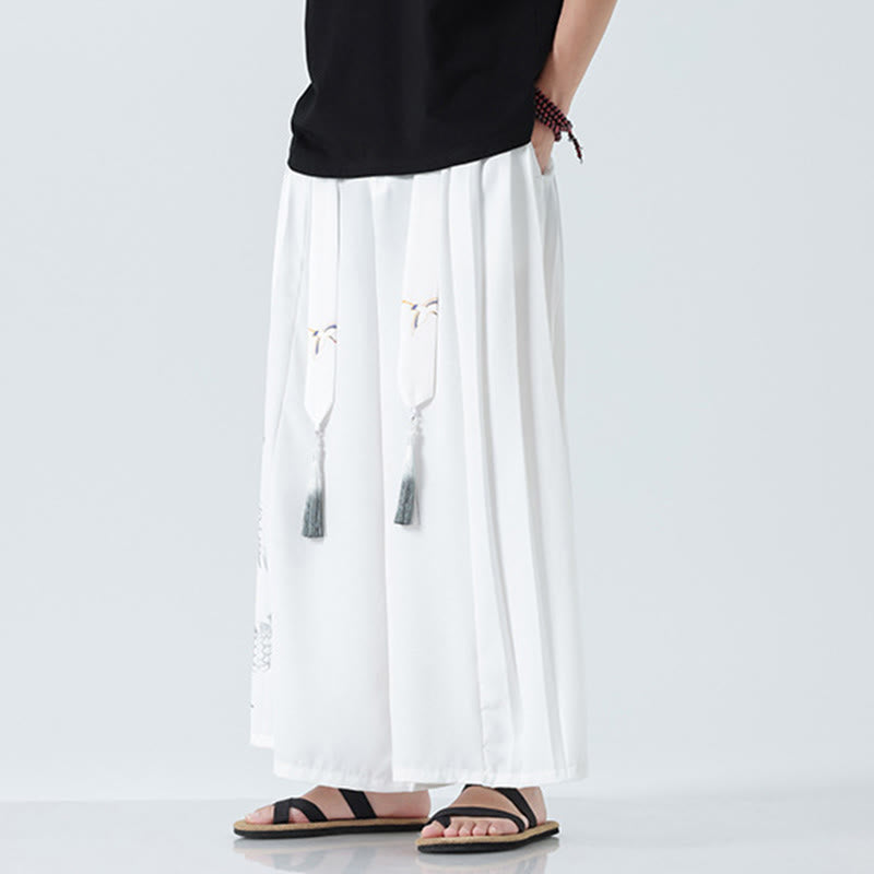 Nimara Ritual Summer Dragon Drawstring Design Cotton Ankle-Length Men's Wide Leg Pants With Pockets