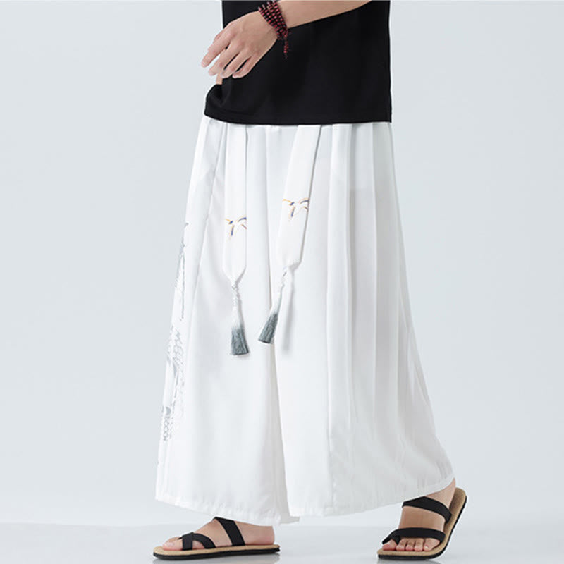 Nimara Ritual Summer Dragon Drawstring Design Cotton Ankle-Length Men's Wide Leg Pants With Pockets