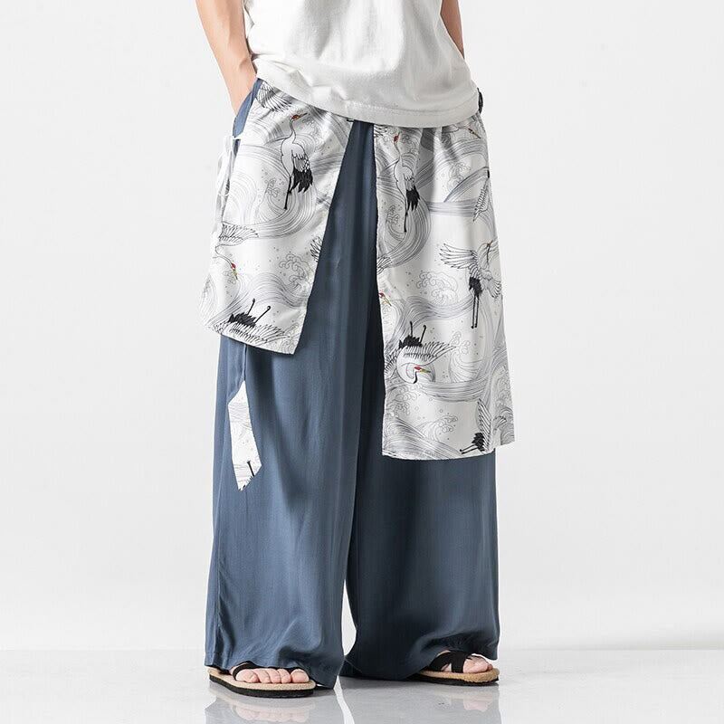 Nimara Ritual Summer Flying Crane Design Cotton Men's Wide Leg Pants With Pockets