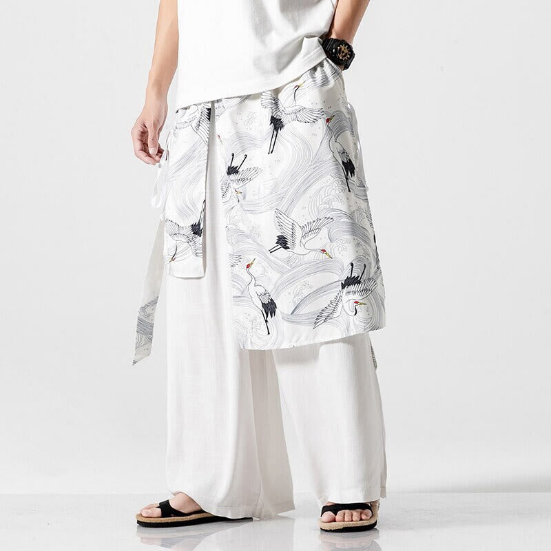 Nimara Ritual Summer Flying Crane Design Cotton Men's Wide Leg Pants With Pockets