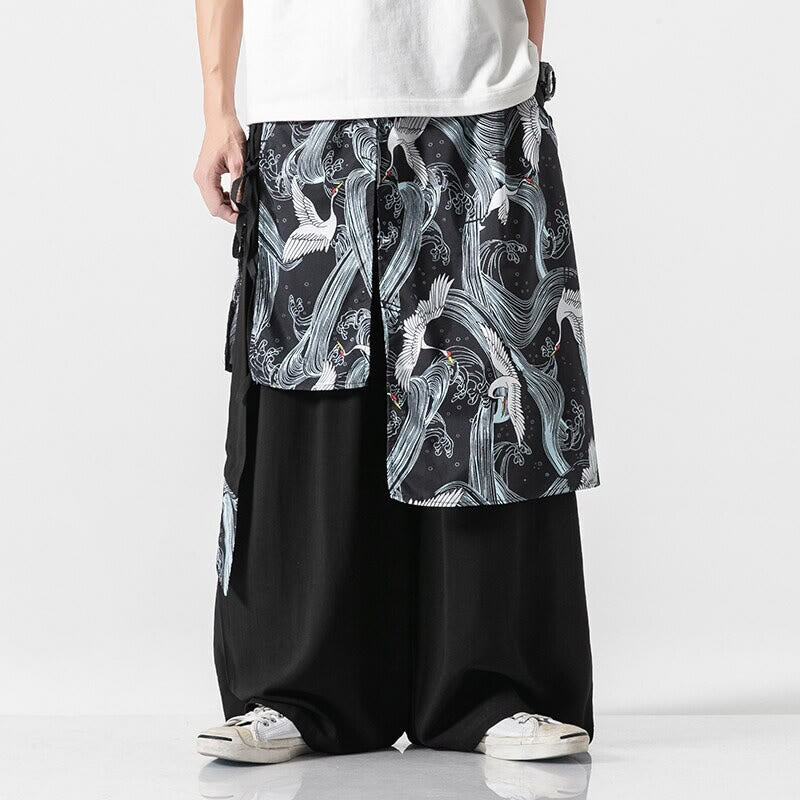 Nimara Ritual Summer Flying Crane Design Cotton Men's Wide Leg Pants With Pockets