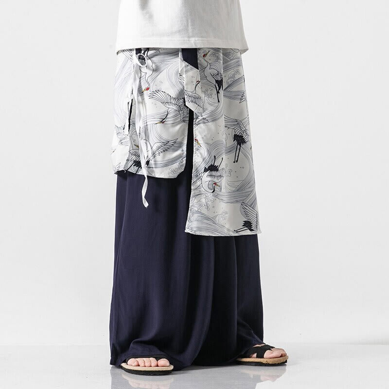 Nimara Ritual Summer Flying Crane Design Cotton Men's Wide Leg Pants With Pockets