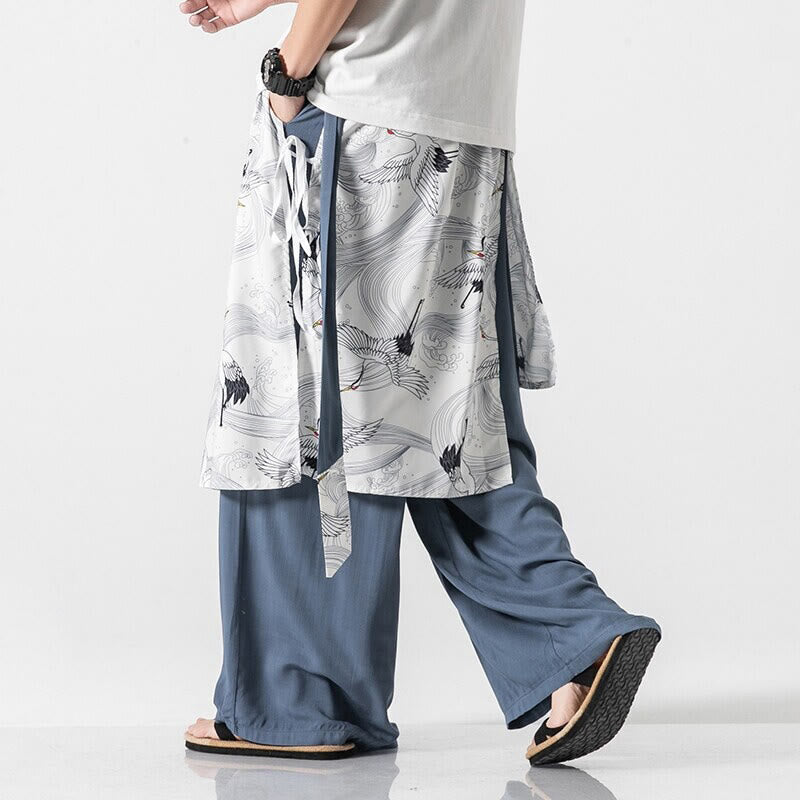 Nimara Ritual Summer Flying Crane Design Cotton Men's Wide Leg Pants With Pockets