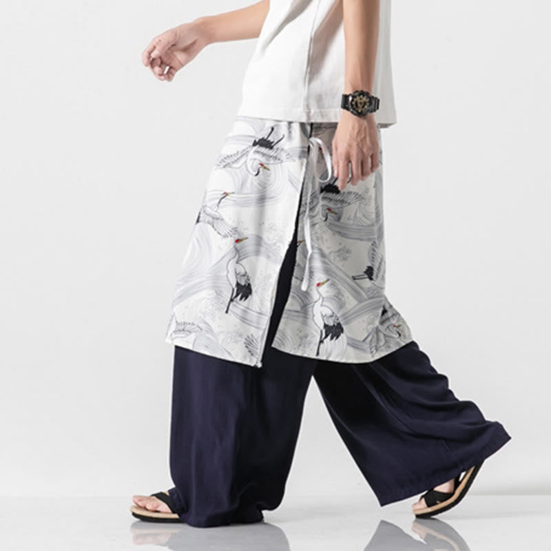 Nimara Ritual Summer Flying Crane Design Cotton Men's Wide Leg Pants With Pockets
