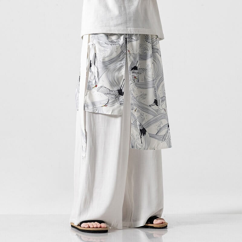 Nimara Ritual Summer Flying Crane Design Cotton Men's Wide Leg Pants With Pockets
