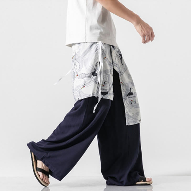 Nimara Ritual Summer Flying Crane Design Cotton Men's Wide Leg Pants With Pockets