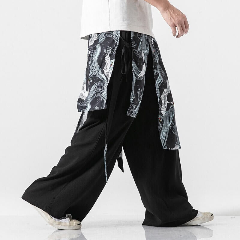 Nimara Ritual Summer Flying Crane Design Cotton Men's Wide Leg Pants With Pockets