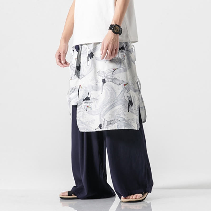 Nimara Ritual Summer Flying Crane Design Cotton Men's Wide Leg Pants With Pockets