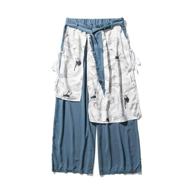 Nimara Ritual Summer Flying Crane Design Cotton Men's Wide Leg Pants With Pockets