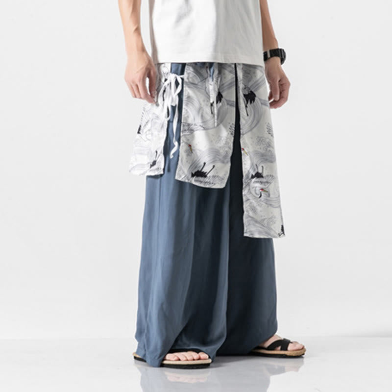 Nimara Ritual Summer Flying Crane Design Cotton Men's Wide Leg Pants With Pockets
