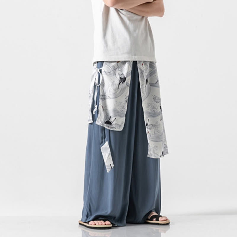 Nimara Ritual Summer Flying Crane Design Cotton Men's Wide Leg Pants With Pockets