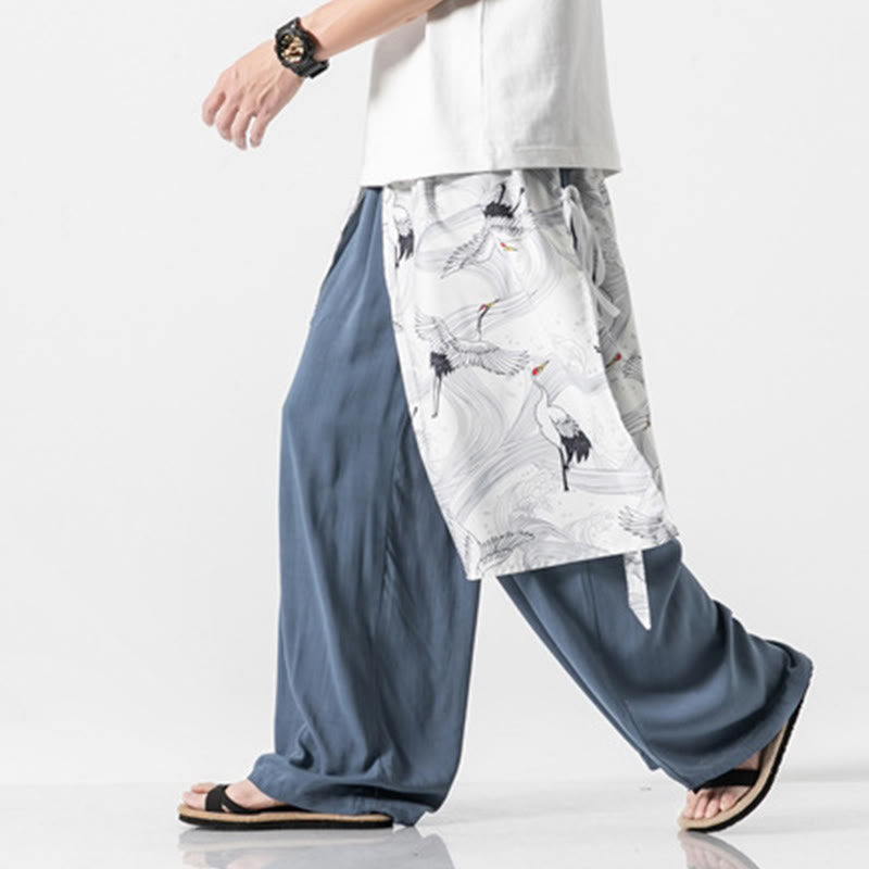Nimara Ritual Summer Flying Crane Design Cotton Men's Wide Leg Pants With Pockets
