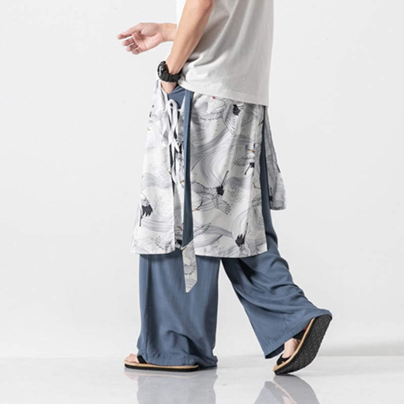 Nimara Ritual Summer Flying Crane Design Cotton Men's Wide Leg Pants With Pockets