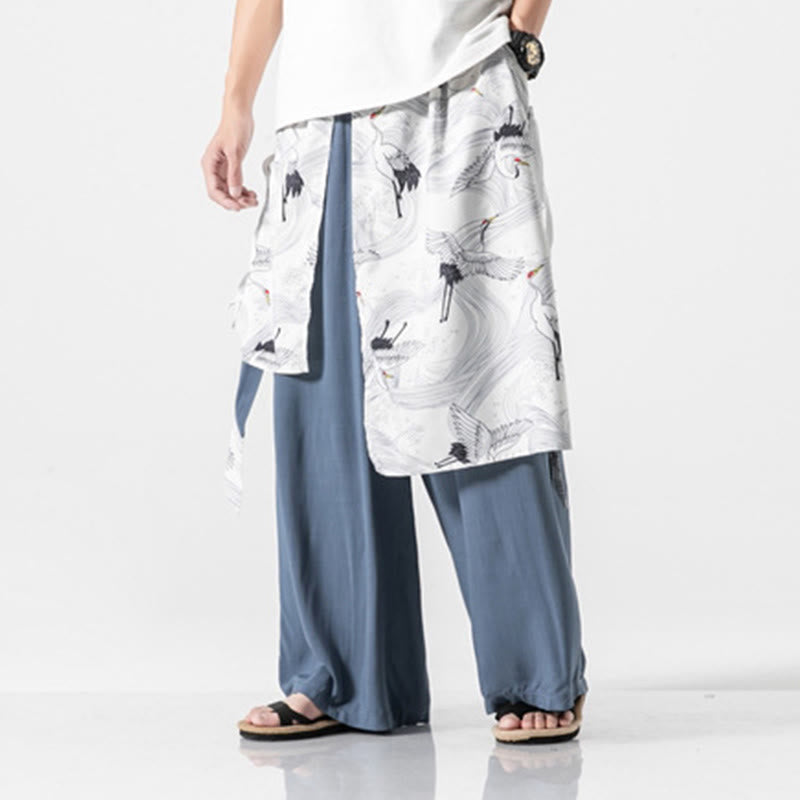Nimara Ritual Summer Flying Crane Design Cotton Men's Wide Leg Pants With Pockets