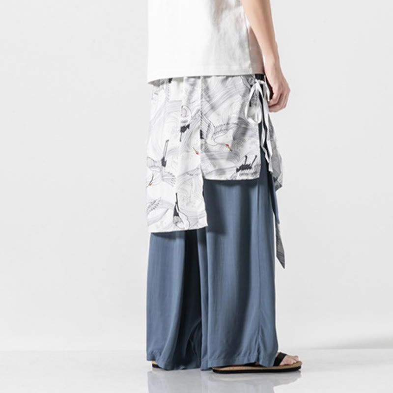 Nimara Ritual Summer Flying Crane Design Cotton Men's Wide Leg Pants With Pockets