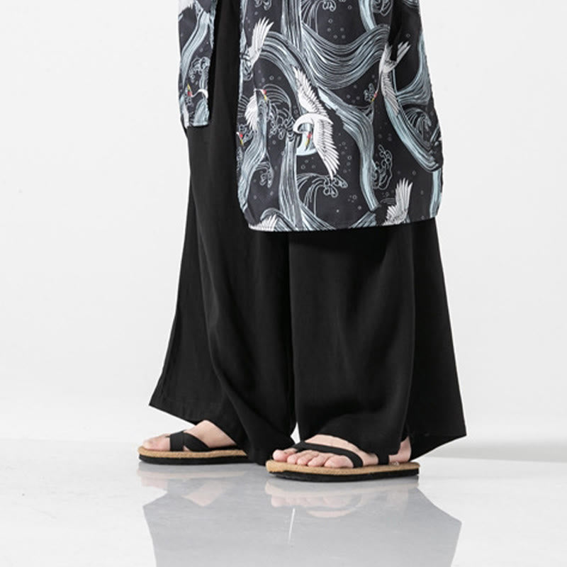 Nimara Ritual Summer Flying Crane Design Cotton Men's Wide Leg Pants With Pockets