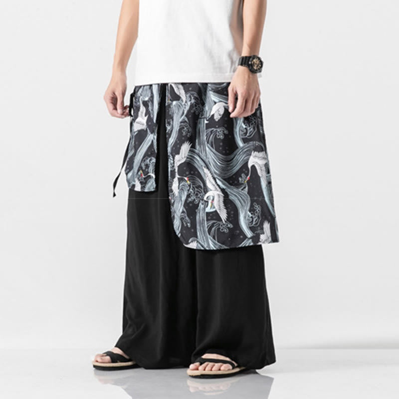 Nimara Ritual Summer Flying Crane Design Cotton Men's Wide Leg Pants With Pockets