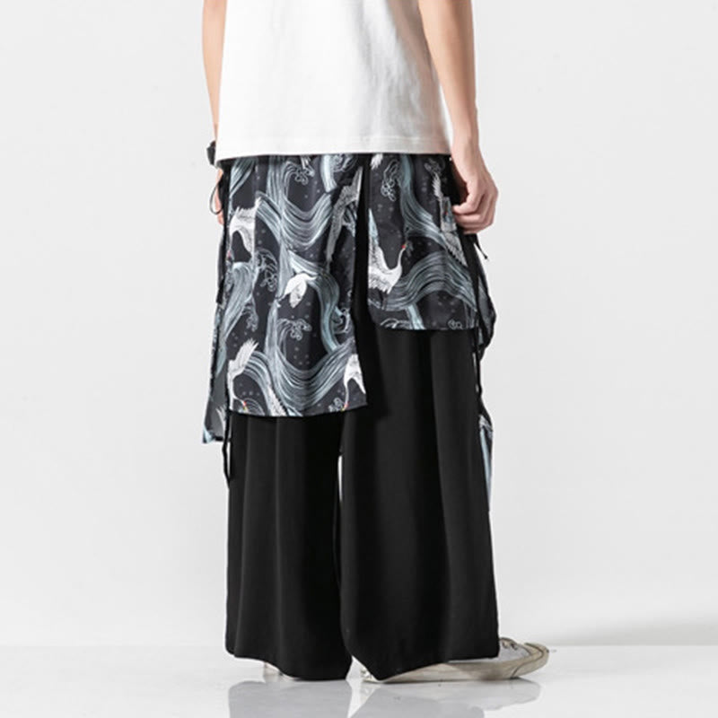 Nimara Ritual Summer Flying Crane Design Cotton Men's Wide Leg Pants With Pockets